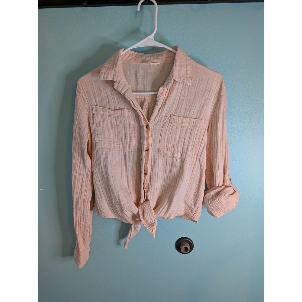 Sim & Sam Womens Pink Cotton Gauze Tie Front Roll Tab Button Down Shirt Size M